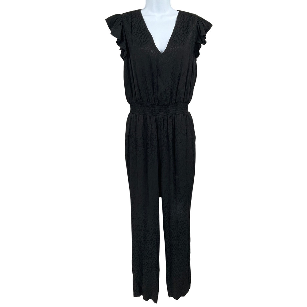 WHBM Jumpsuit Womens S Black Leopard Ruffle Smocked Boho Monochromatic